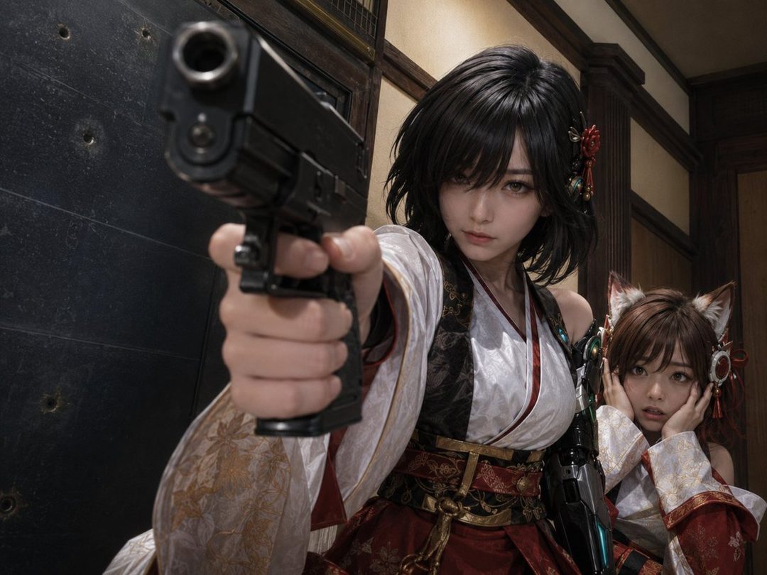 Two women in ornate Japanese-inspired cosplay outfits, one aiming a handgun forward while the other with fox ears poses beside her indoors.