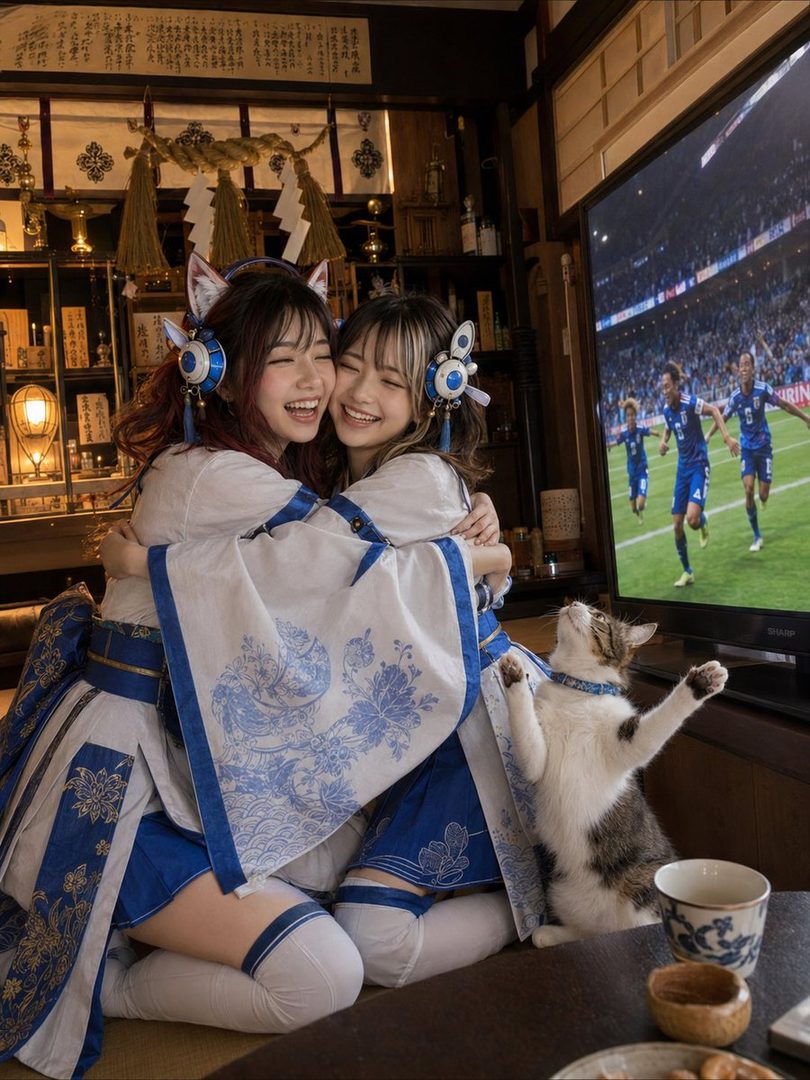 Two smiling young women in matching blue and white cat-themed cosplay outfits hugging while watching a soccer match on television with a playful cat in a traditional Japanese interior.
