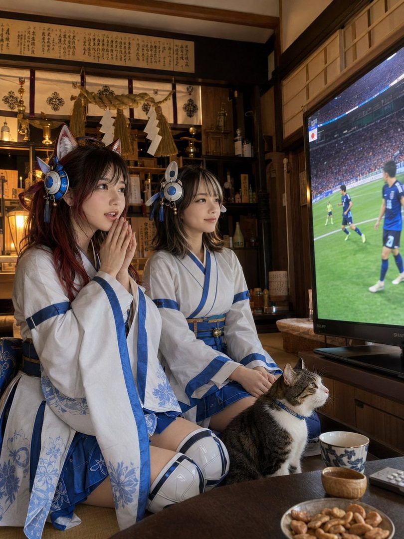 Two young women in fox-eared shrine maiden cosplay outfits praying while watching a Japan soccer match on TV indoors with a cat.