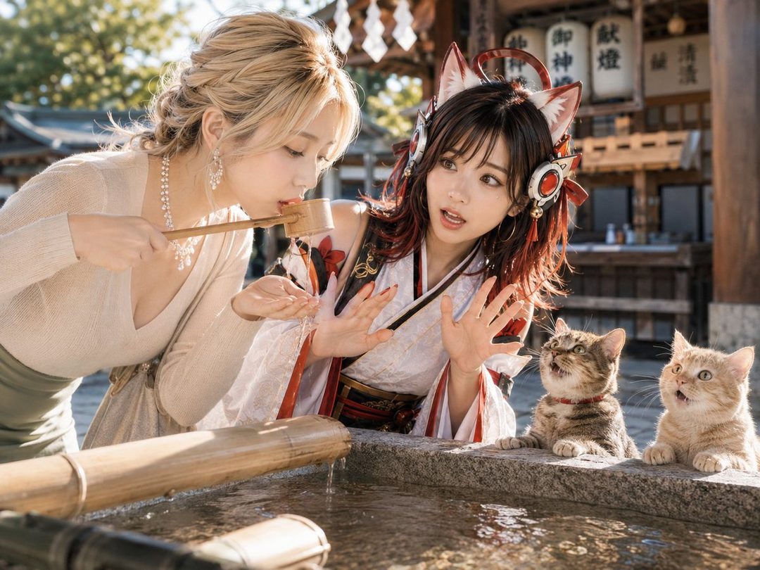 Two young women at a Japanese shrine water basin, one in casual wear sipping from a ladle while the other in fox-eared miko cosplay gestures in surprise beside two cats.