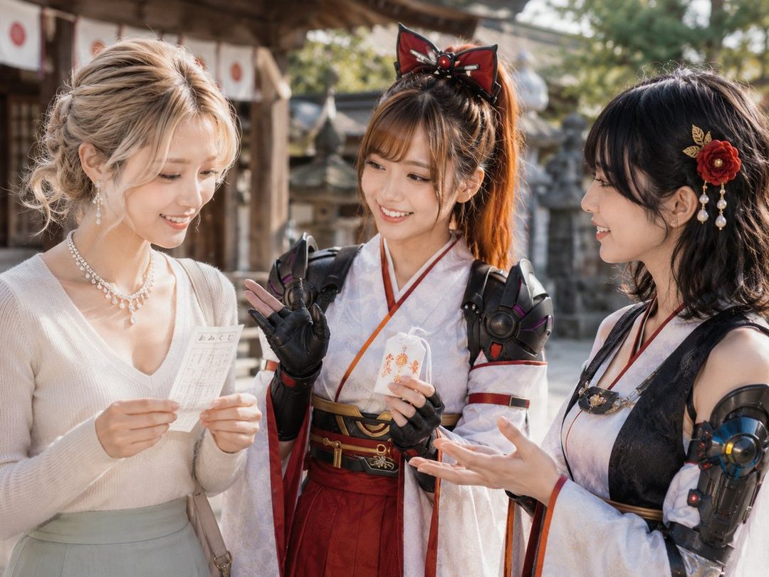 Three young women in elaborate Japanese fantasy cosplay outfits smiling and interacting at a traditional shrine.