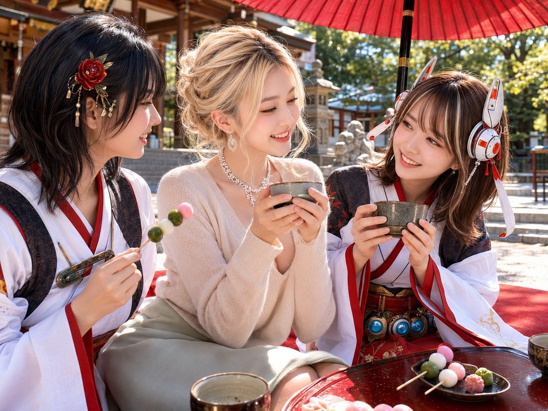 Three young women in colorful kimono enjoying tea and sweets together at a traditional Japanese shrine on a sunny day.
