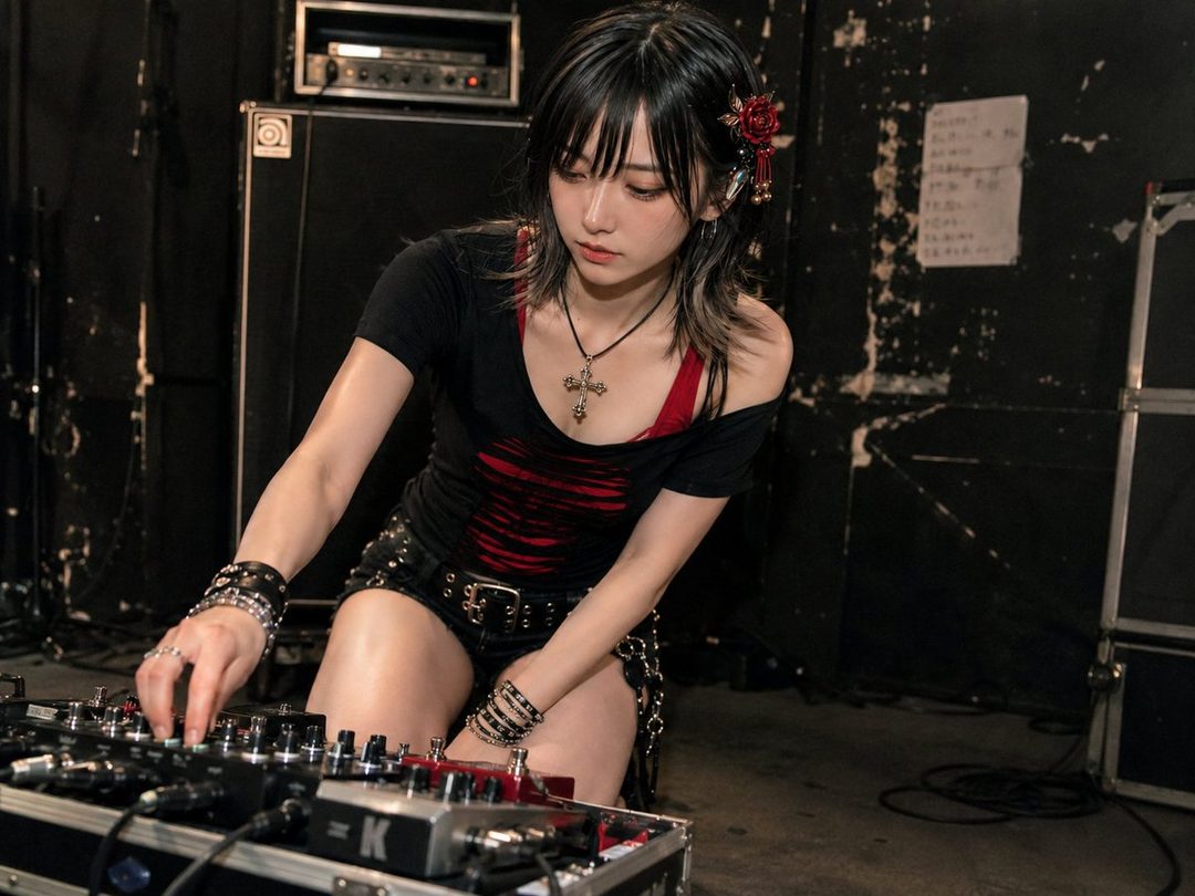 Young woman with black hair in punk-style outfit kneeling to operate music equipment backstage.