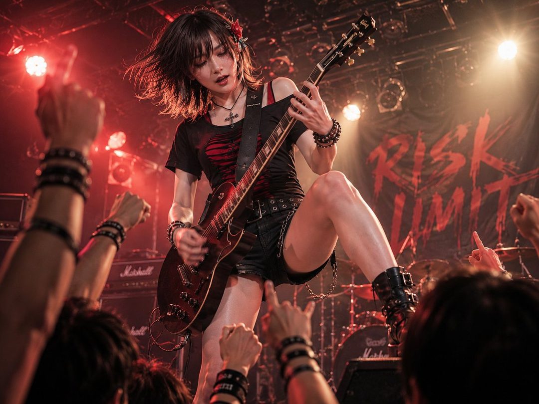 A young woman with short black hair energetically playing an electric guitar on a punk rock concert stage under red lights with a cheering crowd.