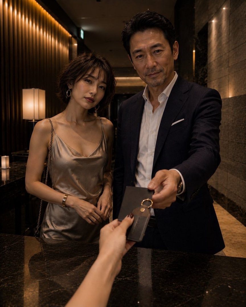 A sophisticated couple, a woman in a champagne slip dress and a man in a suit, check into a hotel, receiving a room key from an unseen person.