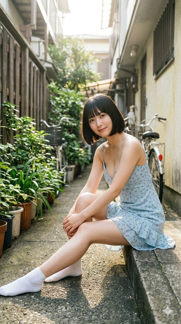 A young woman with a bob haircut and bangs sits casually in a light blue sundress and white socks in an urban alleyway, looking towards the camera.