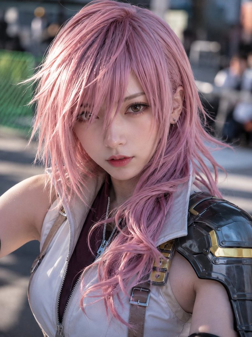Cosplay portrait of Lightning from Final Fantasy XIII featuring long pink hair and detailed armor in an outdoor urban setting.