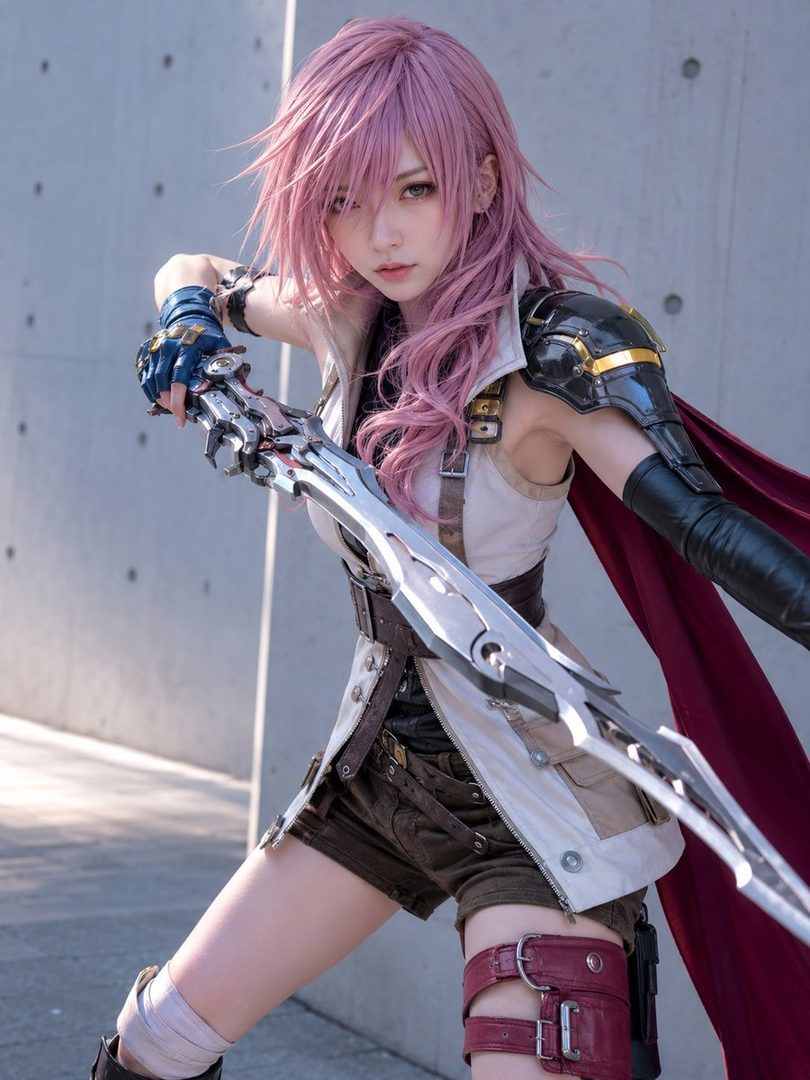 Cosplayer KANA as Lightning from Final Fantasy XIII posing dynamically with a large sword against a concrete wall.
