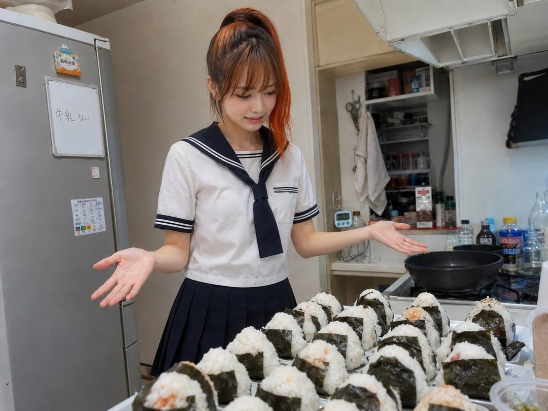 Young woman in Japanese school uniform standing in a kitchen surrounded by many onigiri rice balls.