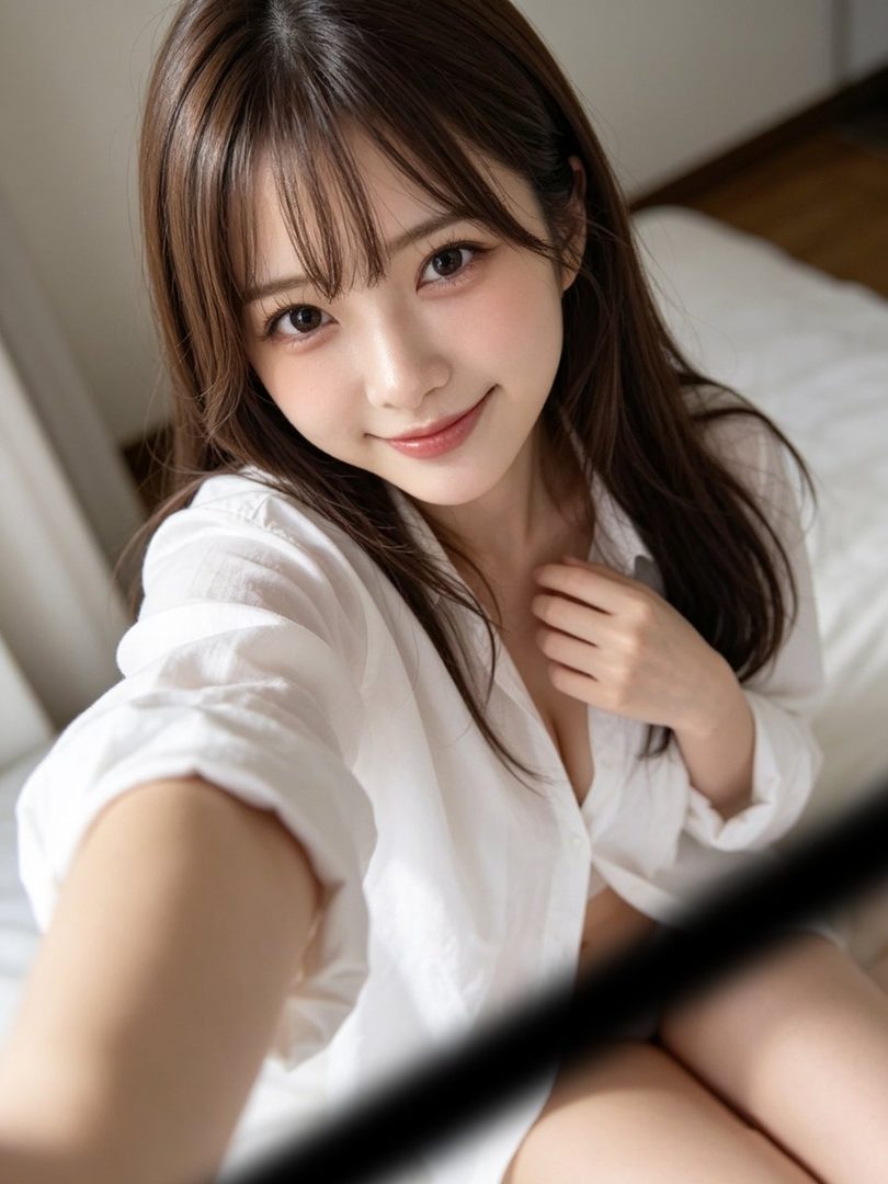 Young East Asian woman with long brown hair taking a close-up selfie in bed while wearing an unbuttoned white blouse.
