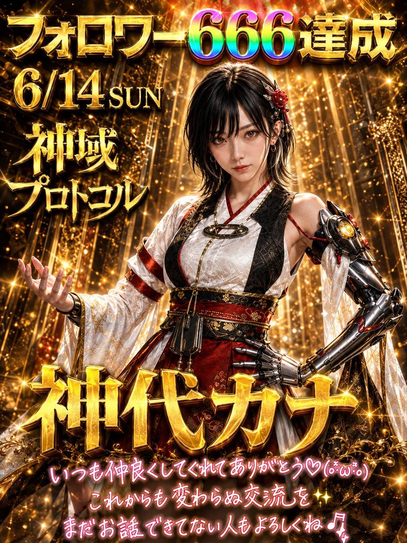 Stunning AI-generated portrait of a young woman with black hair in an ornate red and white fantasy kimono-style dress featuring a detailed cybernetic arm against a golden sparkling background.