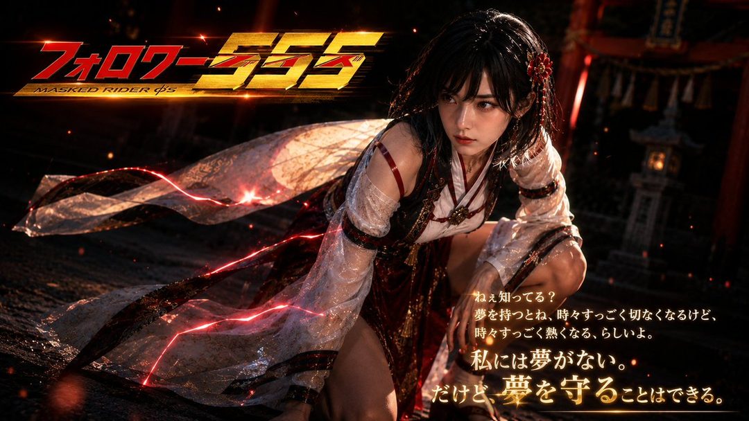 A striking young woman in a flowing white and red kimono-inspired outfit crouches dynamically amid red energy effects in a dark Japanese temple setting at night.