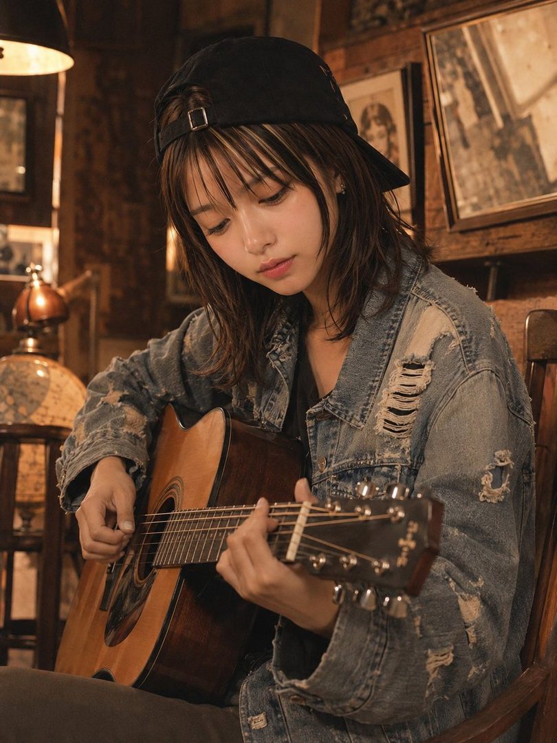 Young woman in a backwards cap and distressed denim jacket playing an acoustic guitar in a cozy indoor setting.