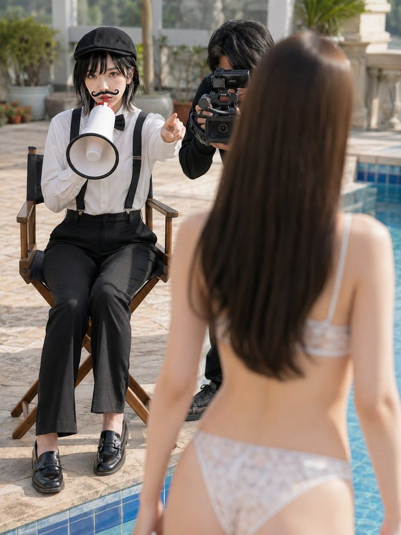 Cosplay director in suspenders and cap directs a photoshoot of a model in white lace lingerie by a sunny poolside.