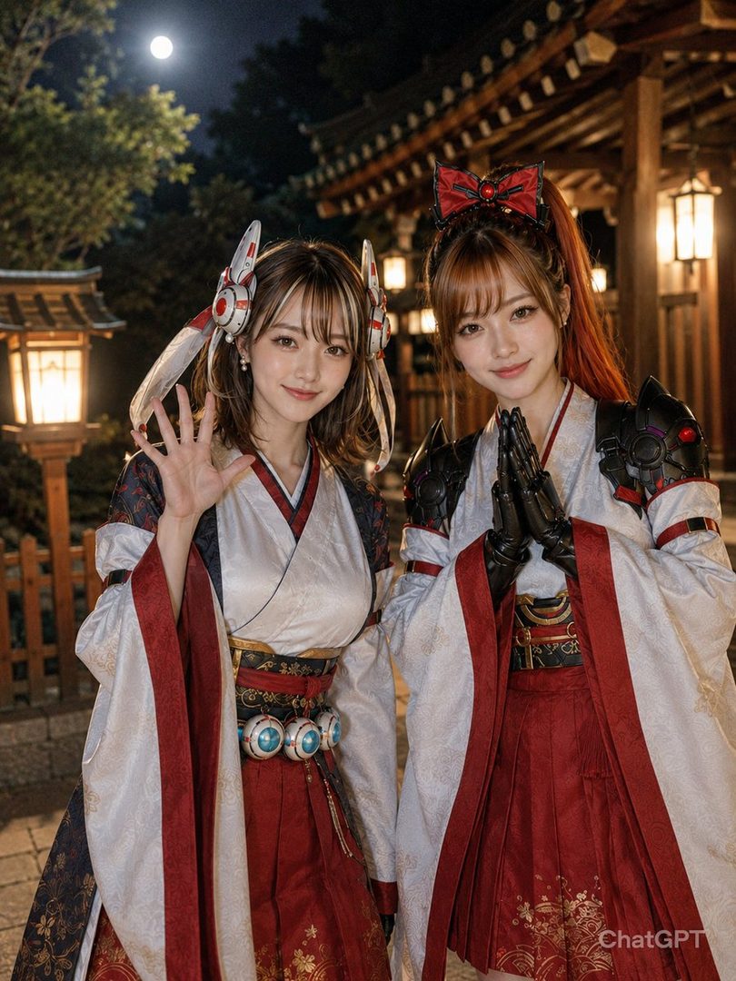Two young women in elaborate red and white shrine maiden cosplay with mechanical headpieces posing together at a traditional Japanese temple under moonlight.