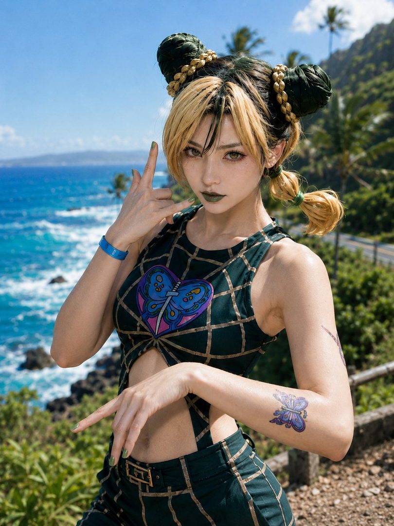 Cosplayer dressed as Jolyne Cujoh from JoJo's Bizarre Adventure posing confidently by a tropical ocean coastline.