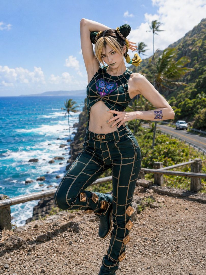 Cosplayer as Jolyne Cujoh from JoJo's Bizarre Adventure posing confidently on a sunny coastal cliff overlooking the ocean.