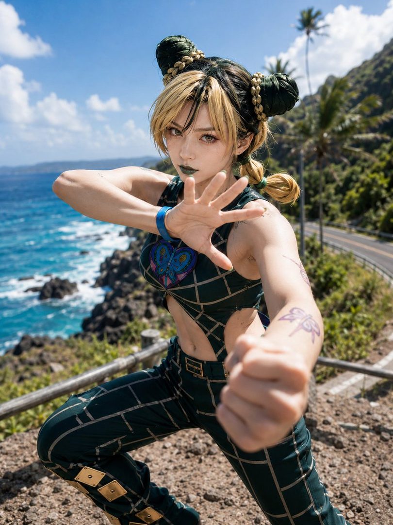 Cosplayer as Jolyne Cujoh from JoJo's Bizarre Adventure posing dynamically by the ocean in a coastal landscape.
