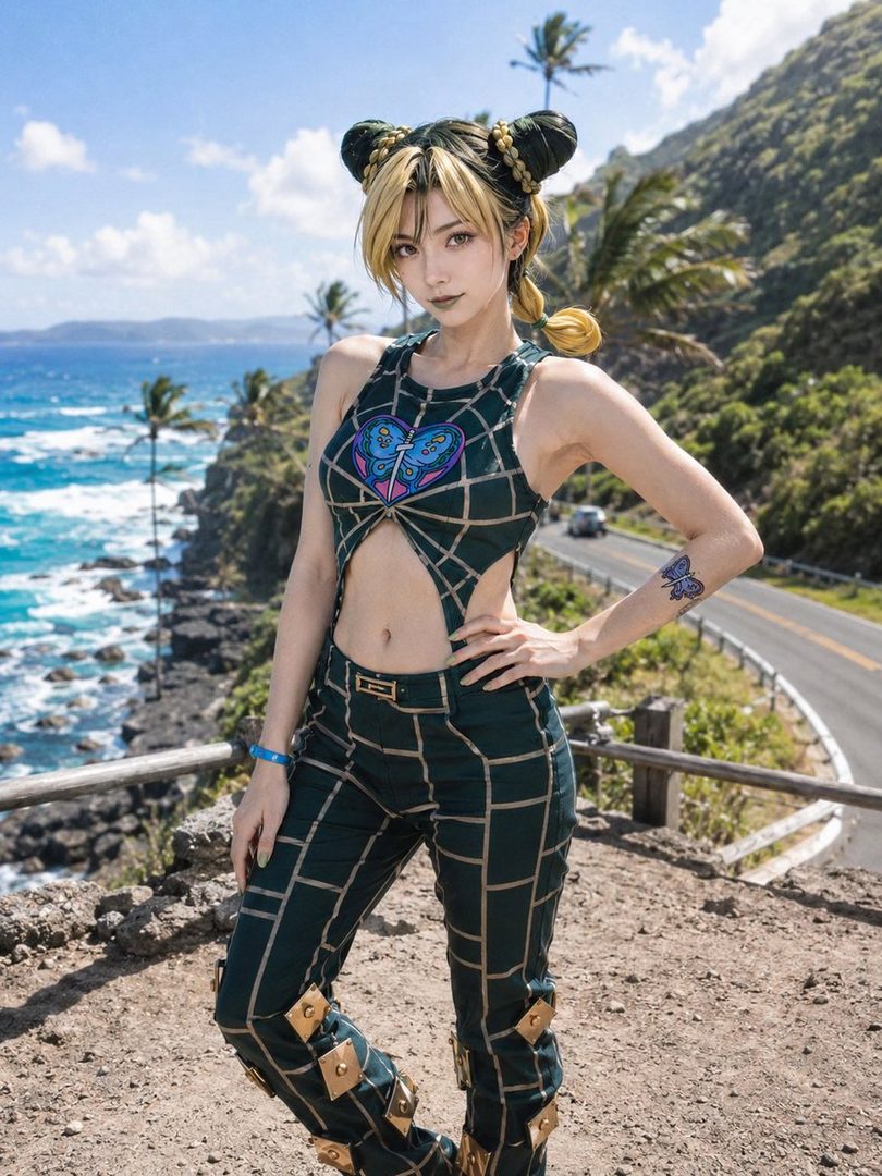 Cosplayer as Jolyne Cujoh from JoJo's Bizarre Adventure posing confidently on a coastal cliff overlooking the ocean.