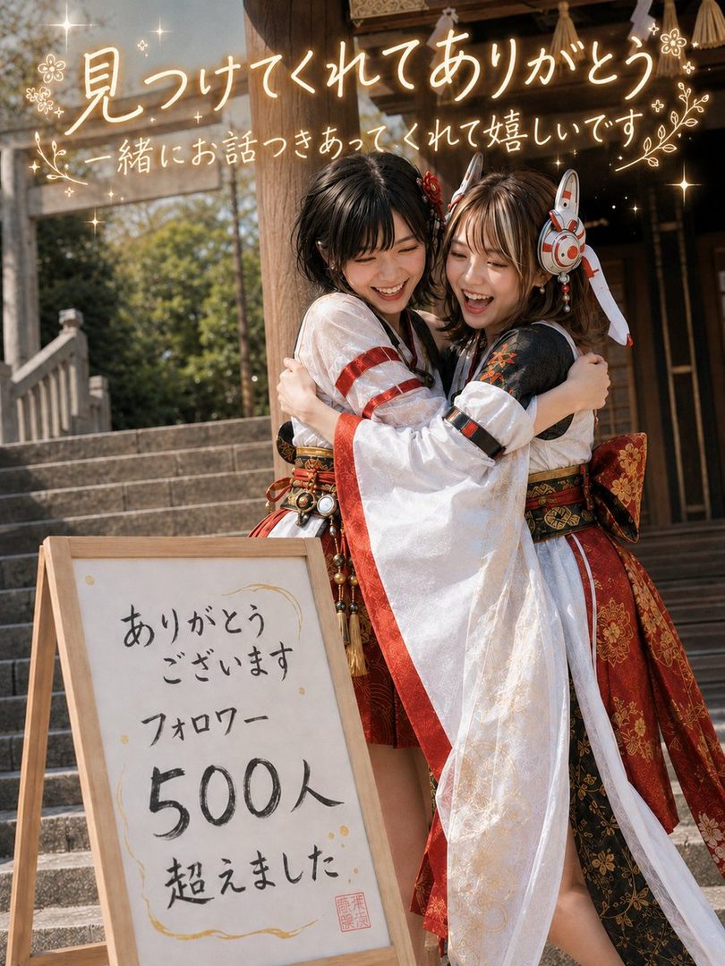 Two smiling young women in colorful miko kimono hugging at a sunny Japanese shrine with a follower milestone sign.