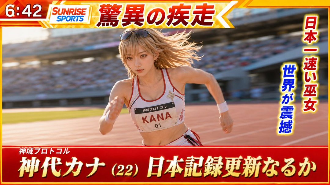 Blonde Japanese athlete Kana sprinting dynamically on a stadium track wearing a numbered sports bib.
