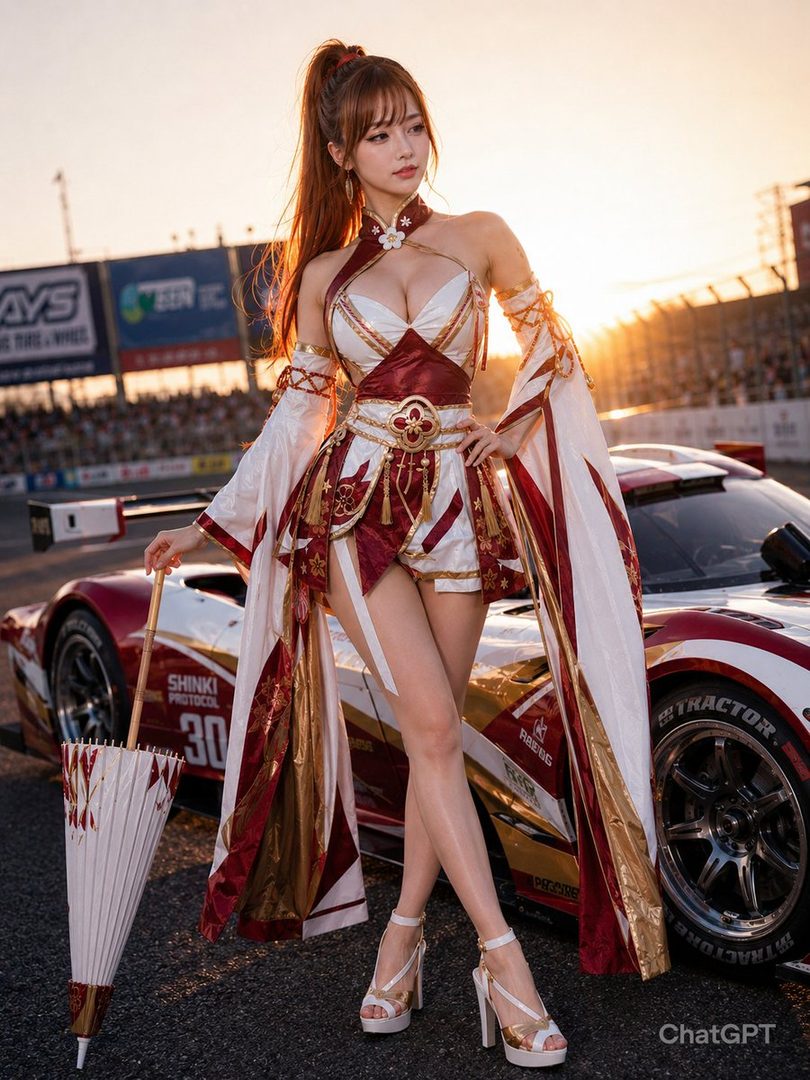 Stunning AI-generated portrait of a young woman in an ornate red and white race queen cosplay posing confidently beside a sports car at a golden-hour racetrack.