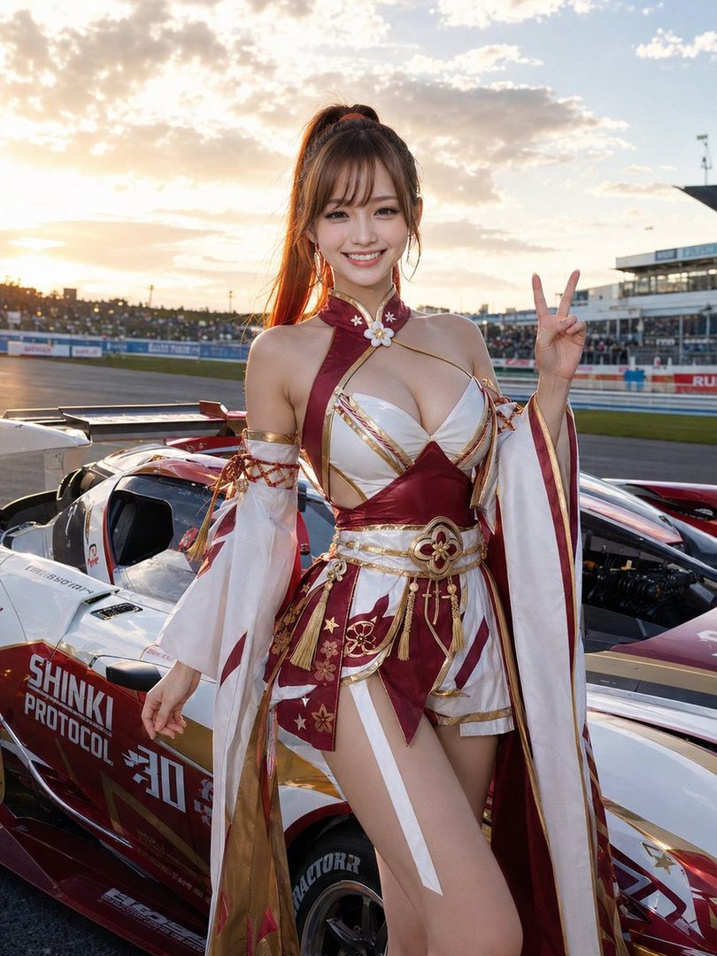 Attractive young woman in revealing red and white cosplay race queen outfit posing with peace sign beside race cars at a sunset racetrack.