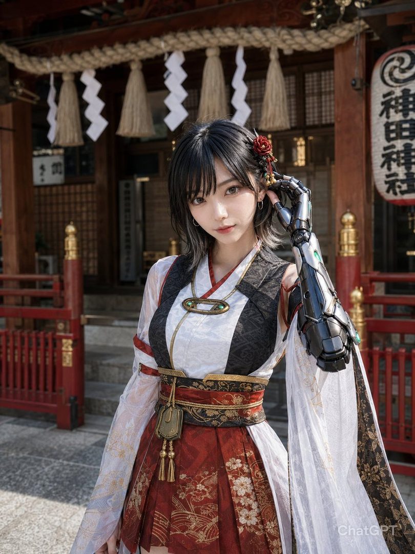 Young woman in futuristic miko shrine maiden attire with a cybernetic arm posing at a traditional Japanese temple.
