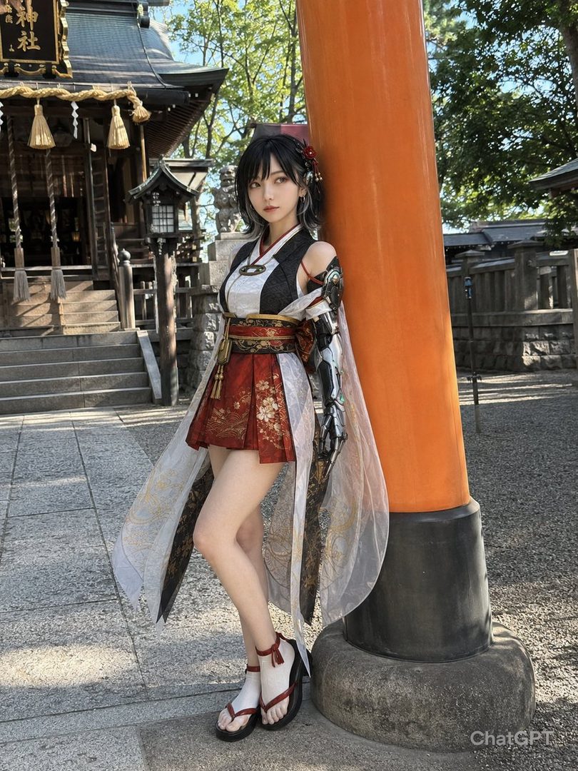 Young woman in a futuristic cyber miko outfit leaning against a large orange pillar at a traditional Japanese shrine on a sunny day.