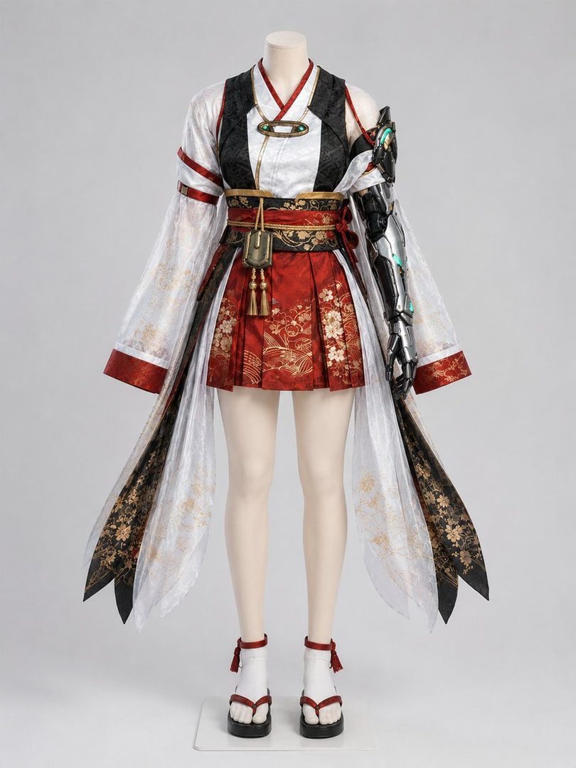 Mannequin wearing a near-future cyber miko stage costume with red floral hakama skirt, flowing white sleeves, and mechanical arm against a plain studio background.