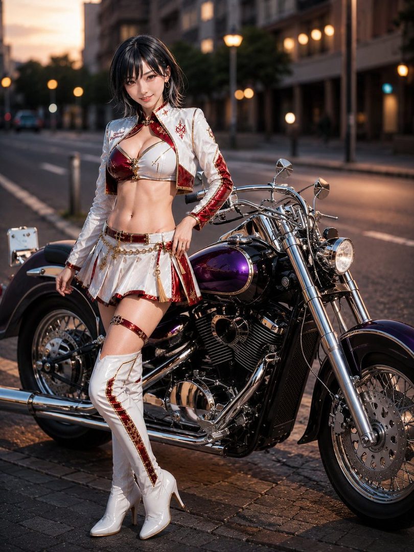 Stylish young woman in a revealing white and red cropped jacket and mini skirt posing beside a purple motorcycle on an urban street at dusk.