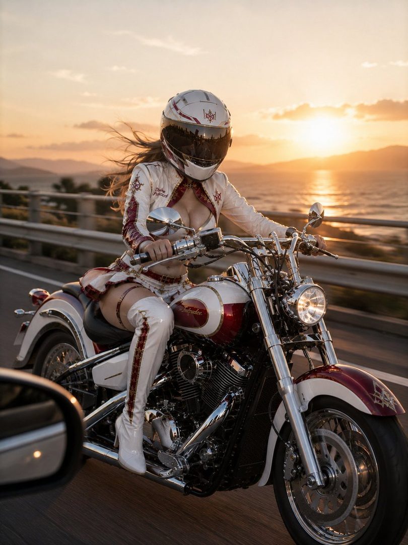 Woman in revealing idol cosplay riding a motorcycle at golden hour sunset by the sea.