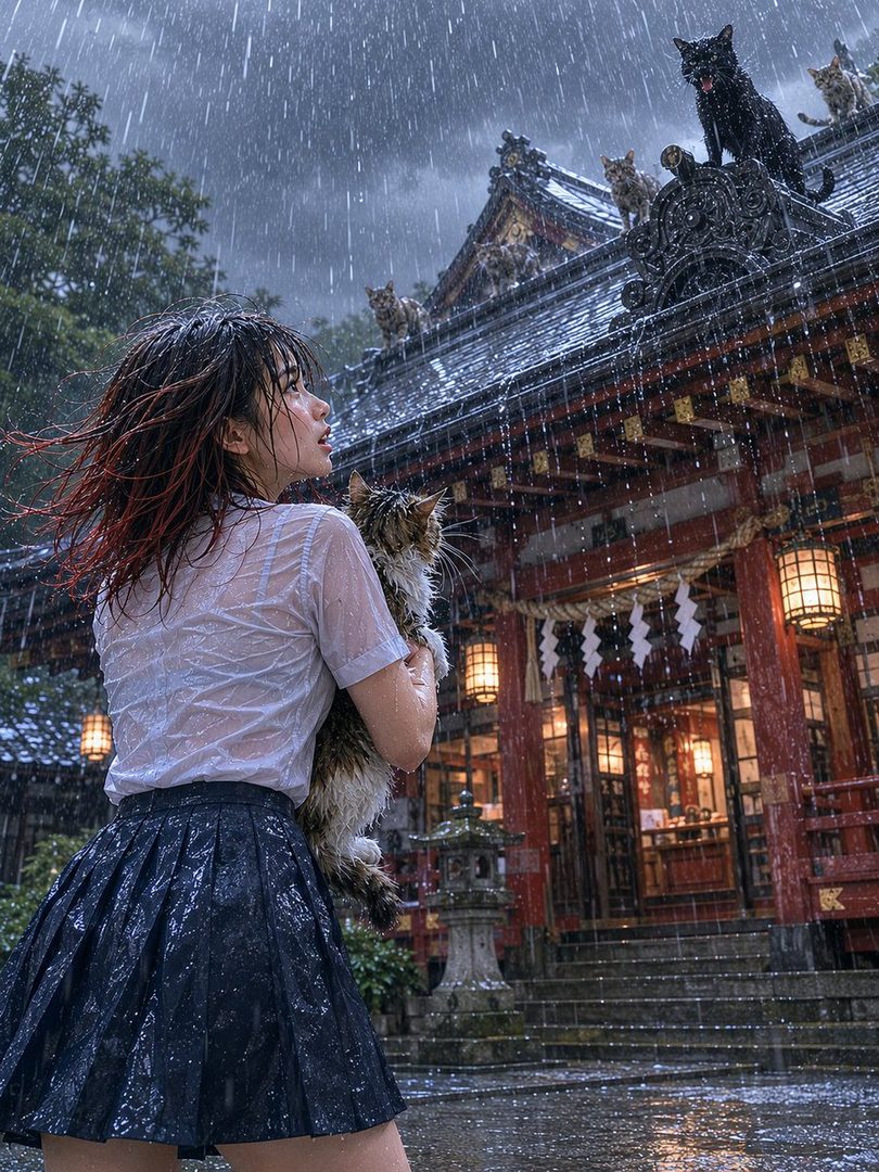 A young woman with wet red-tipped hair holding a cat in heavy rain outside a traditional Japanese shrine surrounded by many cats.