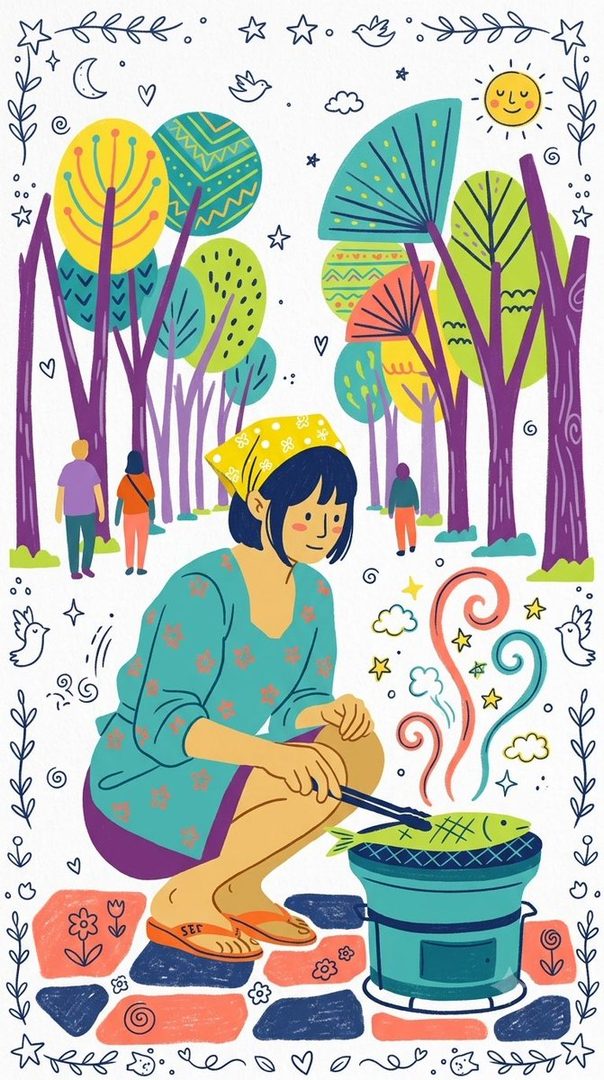 A vibrant illustration depicts a woman in a headscarf and dress squatting to grill fish outdoors, surrounded by colorful trees and whimsical decorative elements.