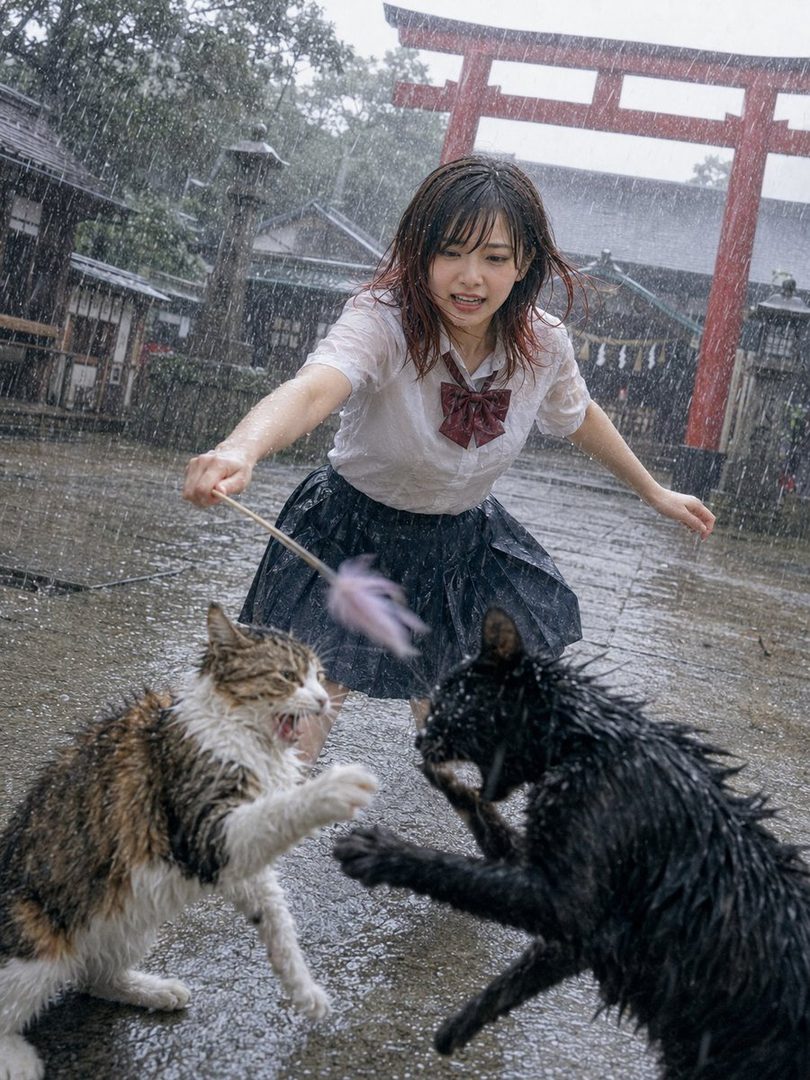 Young woman in wet school uniform playfully interacting with two cats in pouring rain at a Japanese shrine with red torii gate.