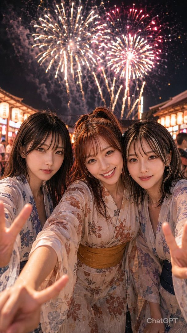 Three young women in floral yukata taking a cheerful selfie with colorful fireworks exploding over a lantern-lit festival at night.