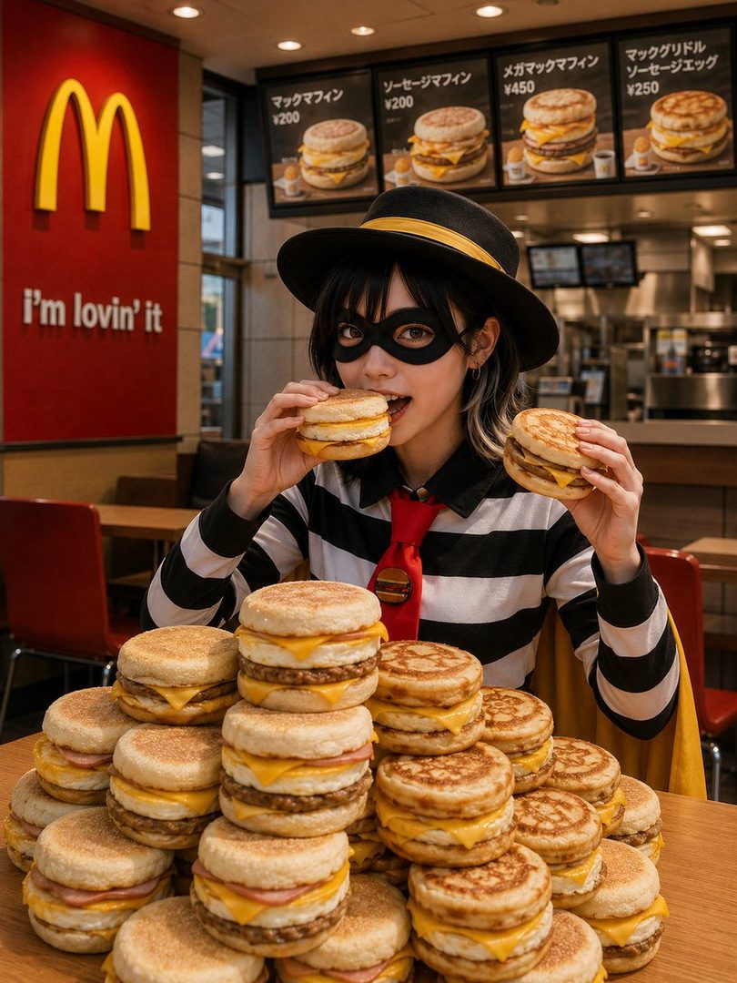 Young woman in playful thief cosplay enjoying sausage muffins at a McDonald's table piled high with breakfast sandwiches.