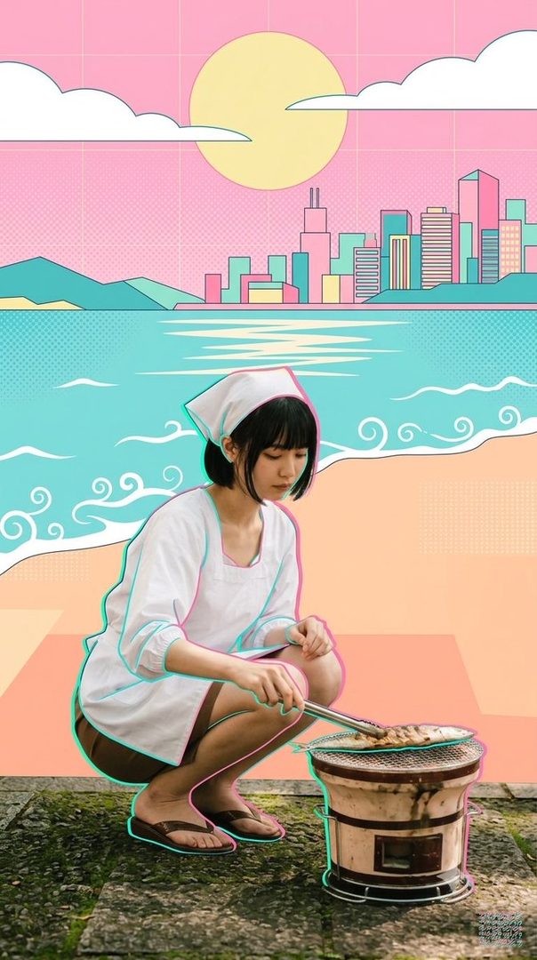 A woman in a white apron and headscarf squats on a rocky ground, grilling fish on a shichirin, with a vibrant pop art beach and city skyline in the background.