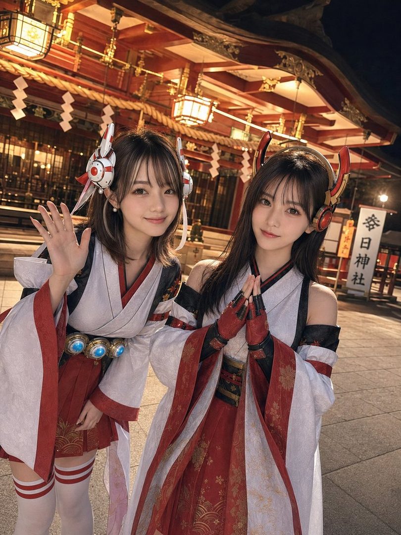Two young women in elaborate red and white Japanese cosplay outfits posing together at a lantern-lit shrine at night.