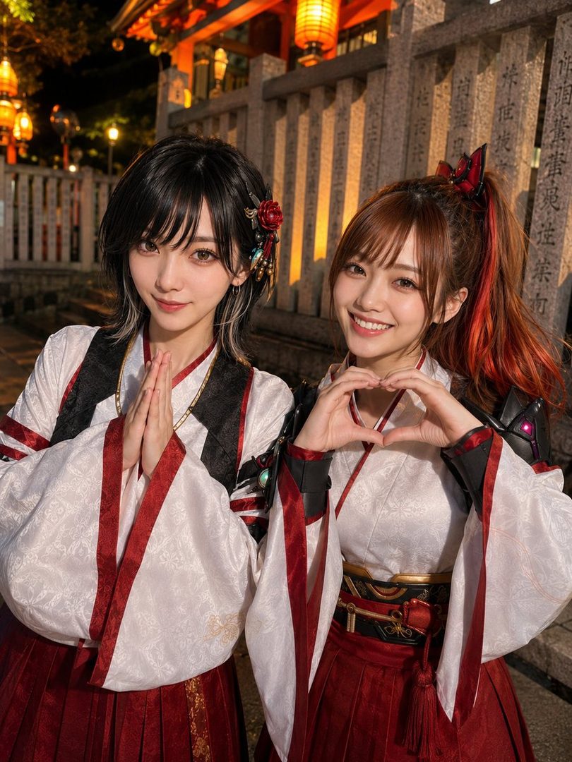 Two young women in matching red and white miko-style cosplay outfits posing together at a lantern-lit Japanese shrine at night.