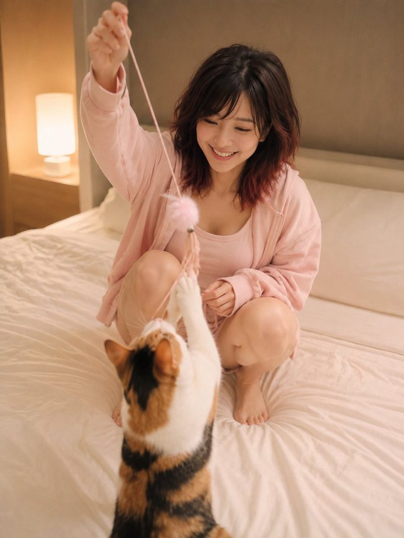 A smiling young woman in pink loungewear playfully teases her calico cat with a feather toy while sitting on a white bed in a cozy bedroom.