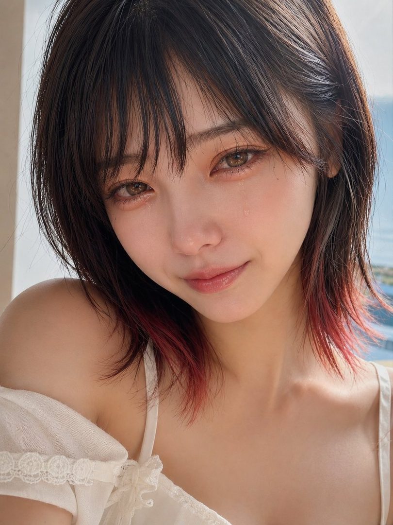 Close-up portrait of a young woman with short black hair and red-tipped ends, wearing a white off-shoulder blouse in soft natural light.