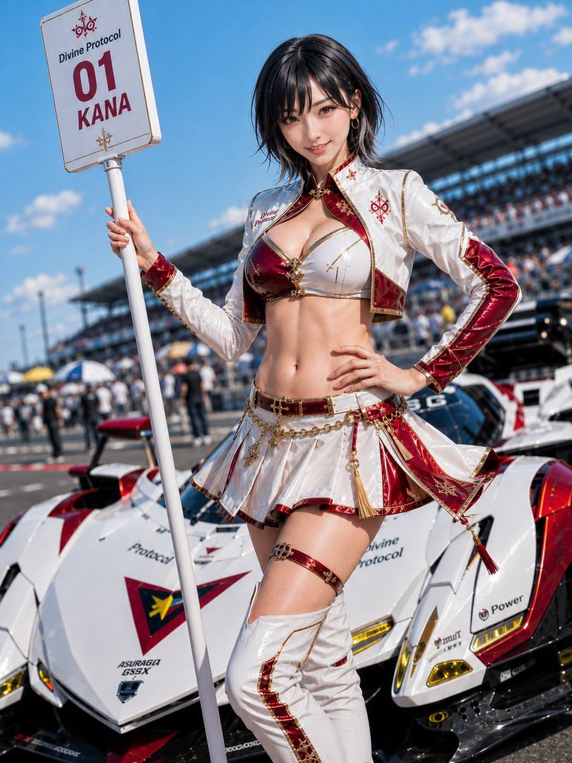 Stunning AI-generated portrait of a young woman in a revealing red and white race queen outfit posing confidently beside a race car at a sunny racetrack while holding a numbered sign.