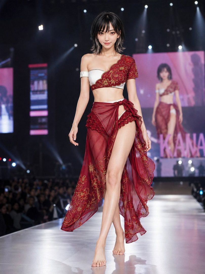 Young Asian woman in a revealing red and white sheer two-piece outfit walking barefoot on a brightly lit fashion runway.