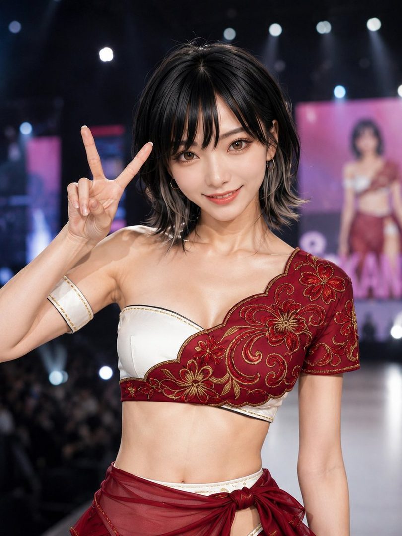 Young East Asian woman with short black bob hair smiling and making a peace sign on a brightly lit stage in an ornate red and white crop top.