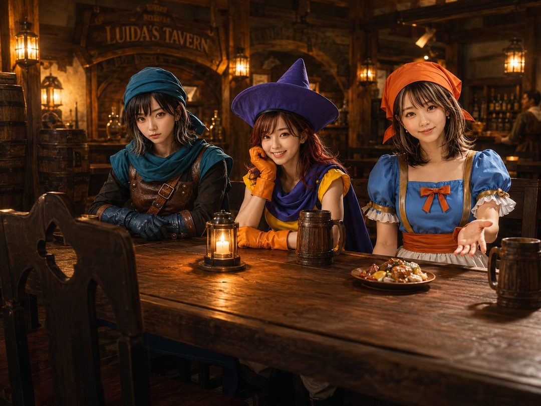 Three young women in colorful Dragon Quest-style fantasy cosplay seated together at a wooden tavern table with warm lantern lighting.
