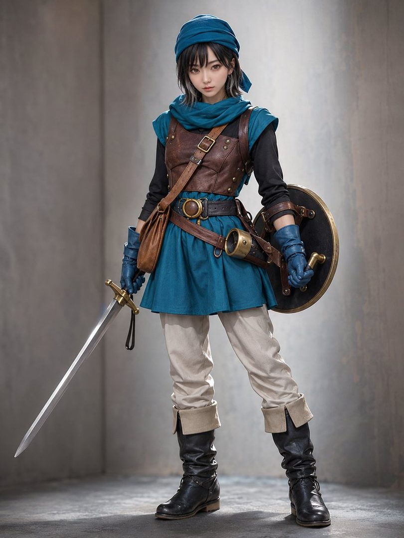 Young female adventurer in blue fantasy armor and headscarf holding a sword and round shield in a studio setting.