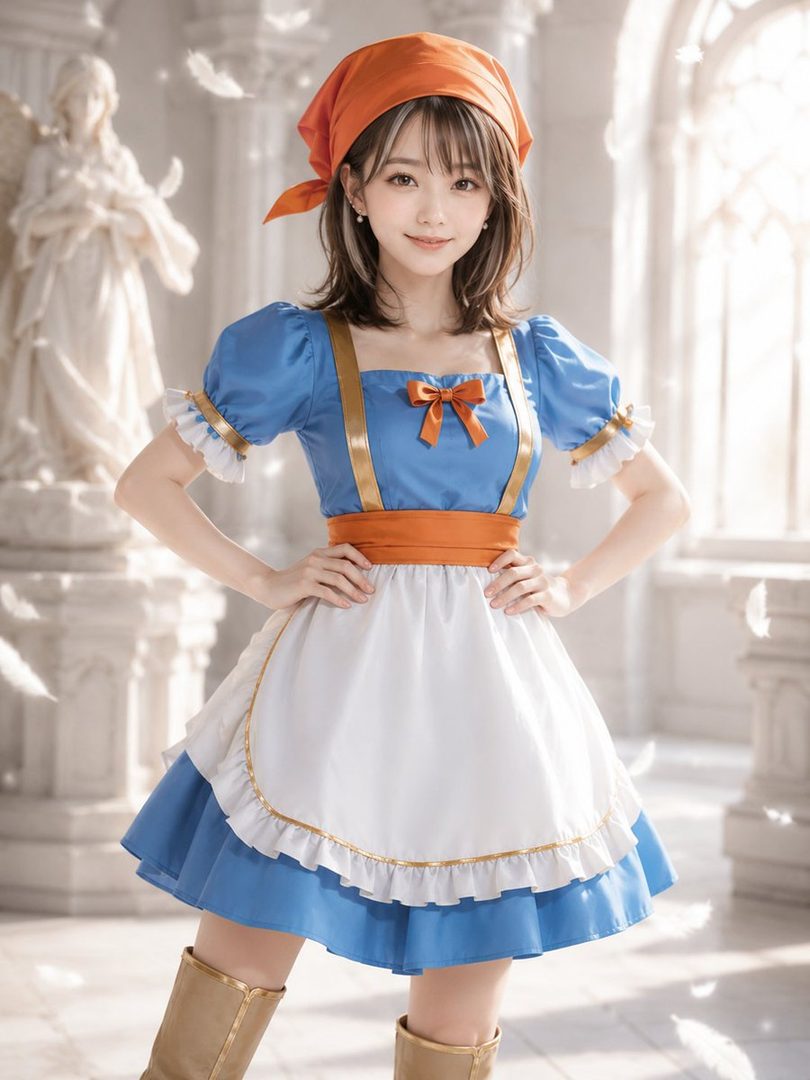 Young woman in Dragon Quest tavern cosplay wearing a blue dress with white apron and orange bandana, posing confidently in a grand marble hall.