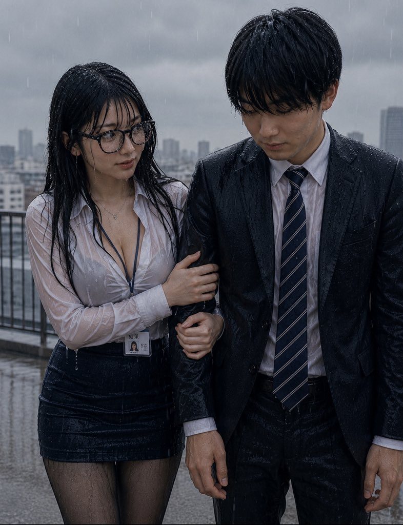 A young woman in a wet white blouse and short skirt clings to a suited man on a rainy rooftop overlooking a city skyline.