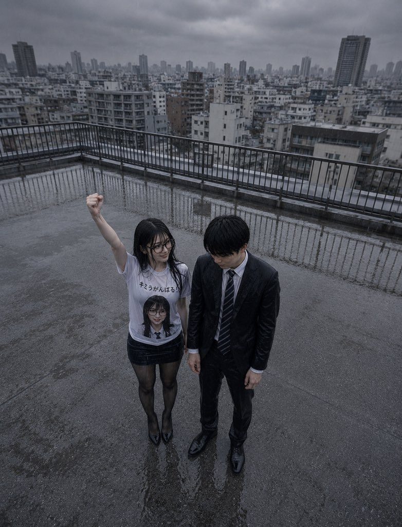 A young woman in a graphic t-shirt and skirt raising her fist beside a suited man on a rainy city rooftop.